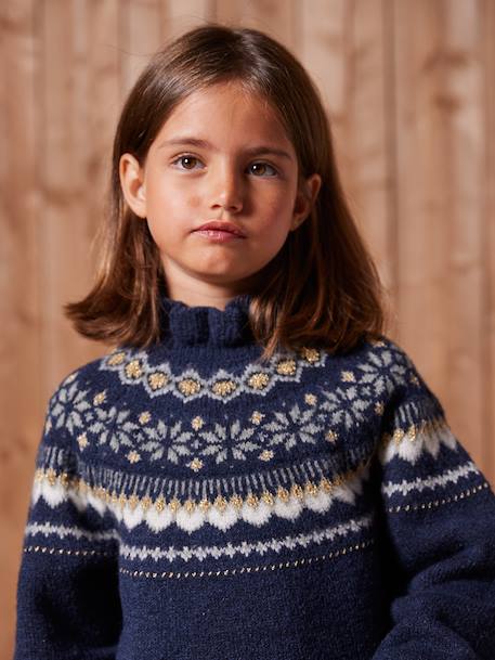 Jacquard jurk in tricot voor meisjes ecru+marineblauw - vertbaudet enfant 