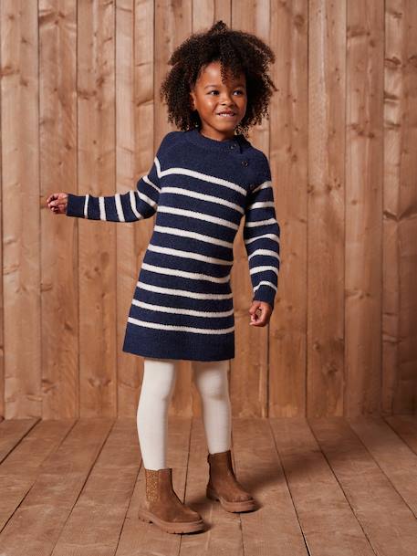 Gestreept jurk in trui voor meisjes ecru+marineblauw - vertbaudet enfant 