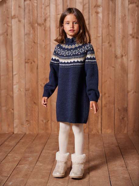 Jacquard jurk in tricot voor meisjes ecru+marineblauw - vertbaudet enfant 