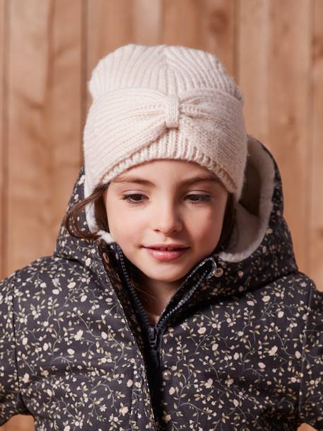 Geribde meisjesmuts met strik gemêleerd beige+kaneel+oudroze - vertbaudet enfant 