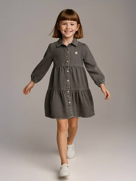 Jurk van lichtgewicht denim voor meisjes denimgrijs+middenblauw - vertbaudet enfant 