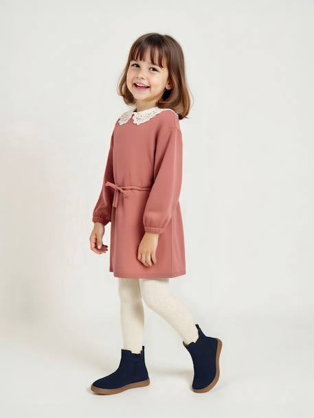 Meisjesjurk van sweaterstof met macramé kraag leigrijs+rozenhout - vertbaudet enfant 
