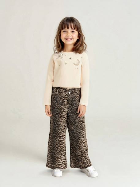Wijde 'paperbag' meisjesbroek met luipaardprint beige+meerkleurig+vanille - vertbaudet enfant 