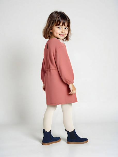 Meisjesjurk van sweaterstof met macramé kraag leigrijs+rozenhout - vertbaudet enfant 