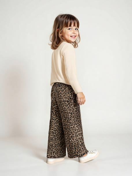 Wijde 'paperbag' meisjesbroek met luipaardprint beige+meerkleurig+vanille - vertbaudet enfant 