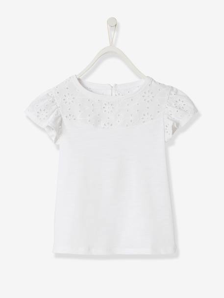 Meisjesshirt van Engels borduurwerk en mouwen met stroken WIT+ZACHTGROEN - vertbaudet enfant 
