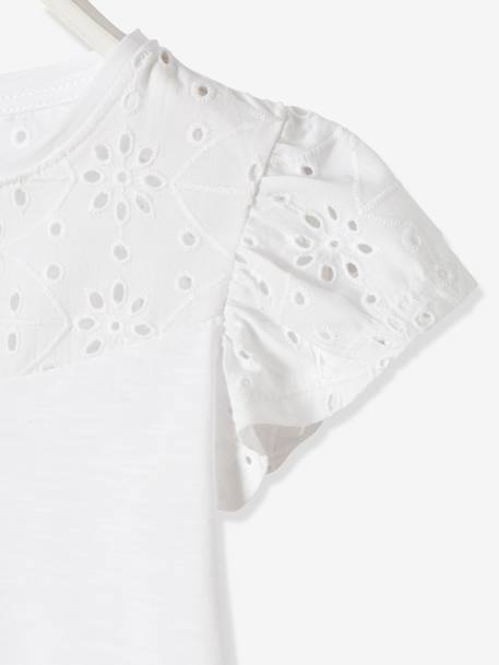 Meisjesshirt van Engels borduurwerk en mouwen met stroken WIT+ZACHTGROEN - vertbaudet enfant 